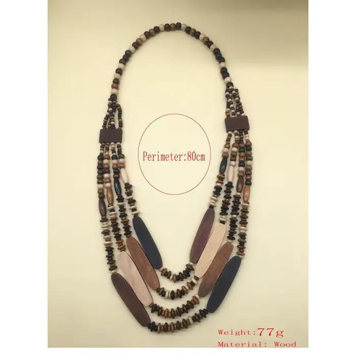 Collier ethnique géométrique en perles de bois avec chaîne de pull multicouche