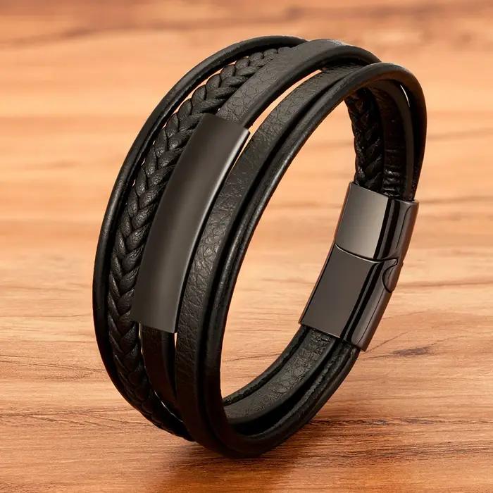 TYO nouveau Style multicouche homme Bracelet en cuir tressé corde en acier inoxydable fermoir magnétique main Bracelets mode hommes bijoux