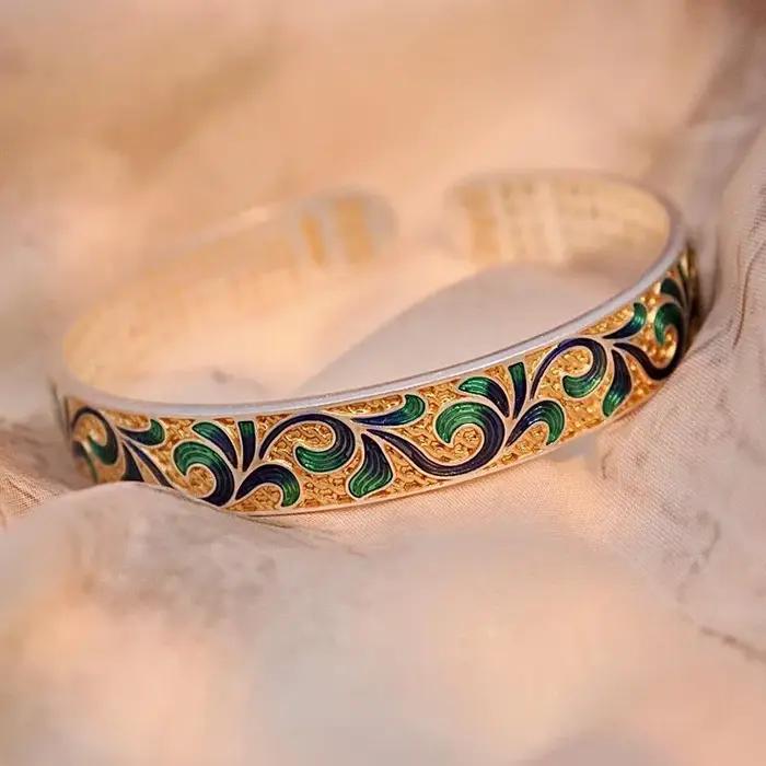 925 argent antique or artisanat évidé émail rouleau herbe motif bracelet gravé coeur sutra bracelets bijoux cadeau