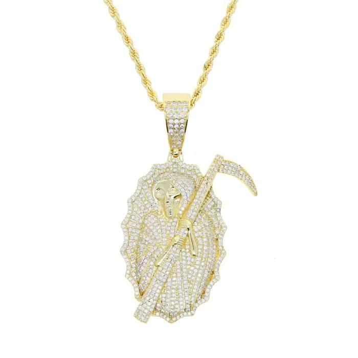 Nouveau Collier Pendentif Grim Reaper Effet Glacé Or Bling CZ Le Roi des Terrors Charme Hommes Femmes Bijoux Hip Hop