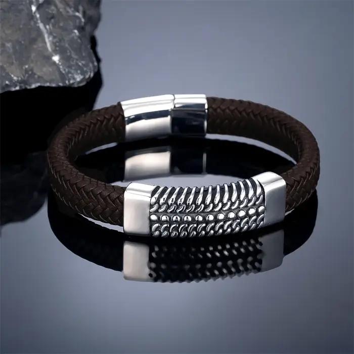 Bracelet en cuir tissé Punk pour hommes, fabriqué à la main, en acier inoxydable de haute qualité, f