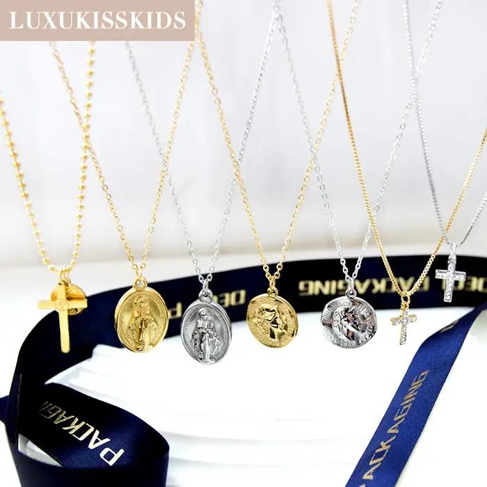 LUXUKISSKIDS acier inoxydable chapelet croix pendentif colliers christianisme bijoux économiseur Collier pour femme/homme couleur plaquée or
