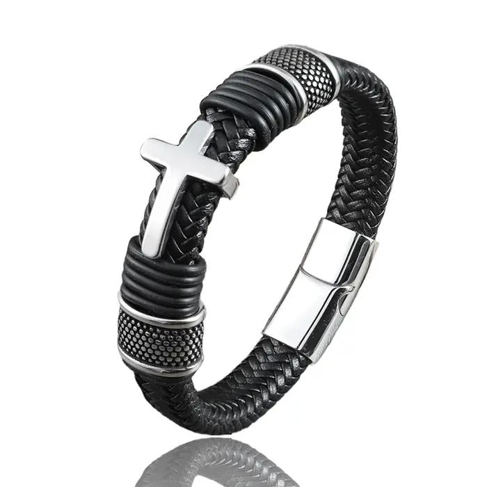 Bracelet magnétique en cuir noir de luxe, design croisé, mature, stable et élégant, offrant le meill