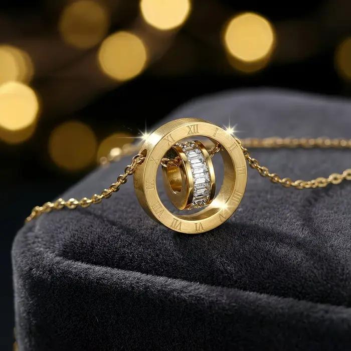 Collier pendentif double cercle chiffres romains en acier inoxydable micro-pavé CZ