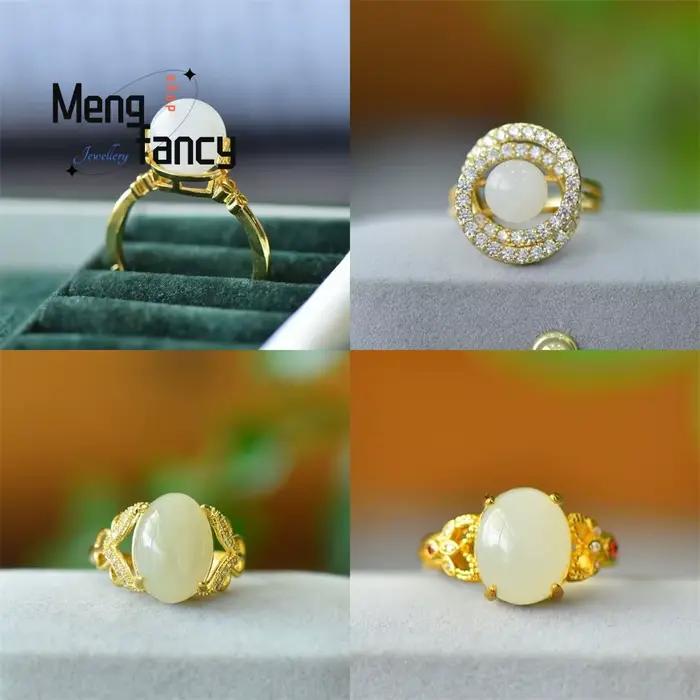 Bague en cuivre incrusté de jade blanc Hetian naturel, forme œuf de pigeon, bijoux de mode exquis, cadeaux populaires pour jeunes filles et couples, idéal pour les fêtes.