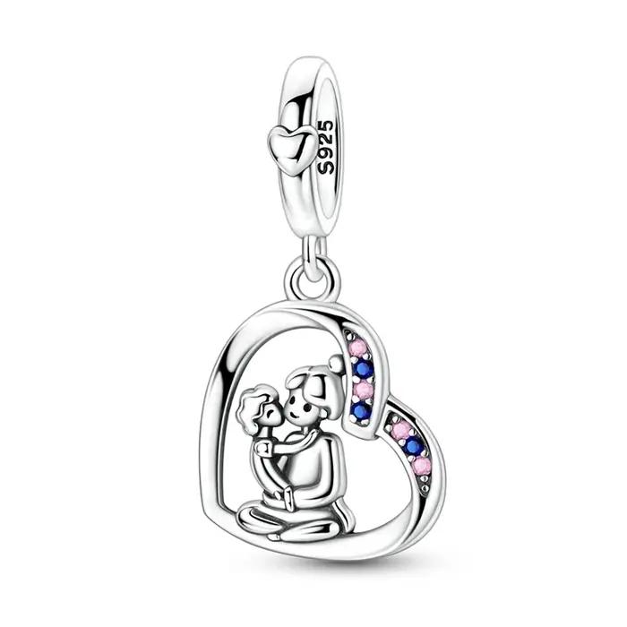 Breloque Cœur Mère et Enfant en Argent Sterling 925 avec Pierres CZ Roses et Bleues, Perle Maman et