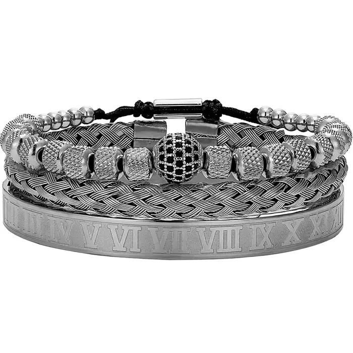 Bracelet à breloques en acier inoxydable pour hommes, pavé royal romain de luxe, perles rondes CZ, e