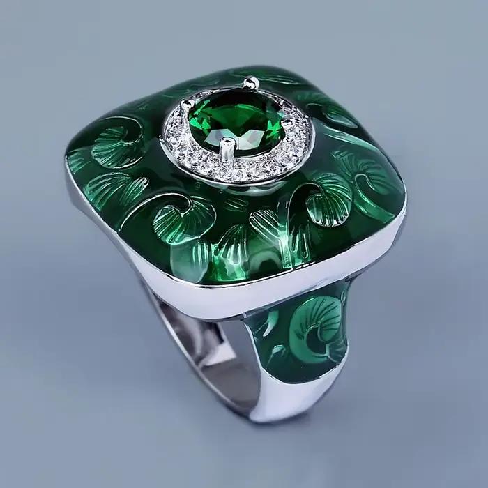 Bague Unique pour hommes, bijoux en émail vert fait à la main, bague de fiançailles en émeraude domi