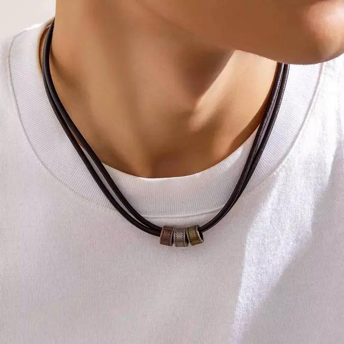 Collier ras du cou Vintage en cuir Pu avec perles métalliques pour hommes