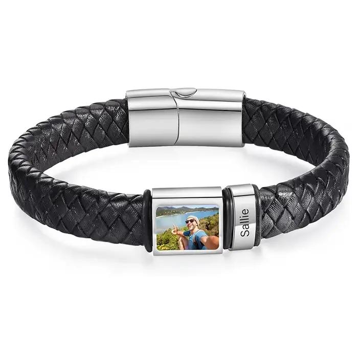 Bracelet photo personnalisé pour hommes Bracelet photo personnalisé en cuir nom gravé Bracelet bijou
