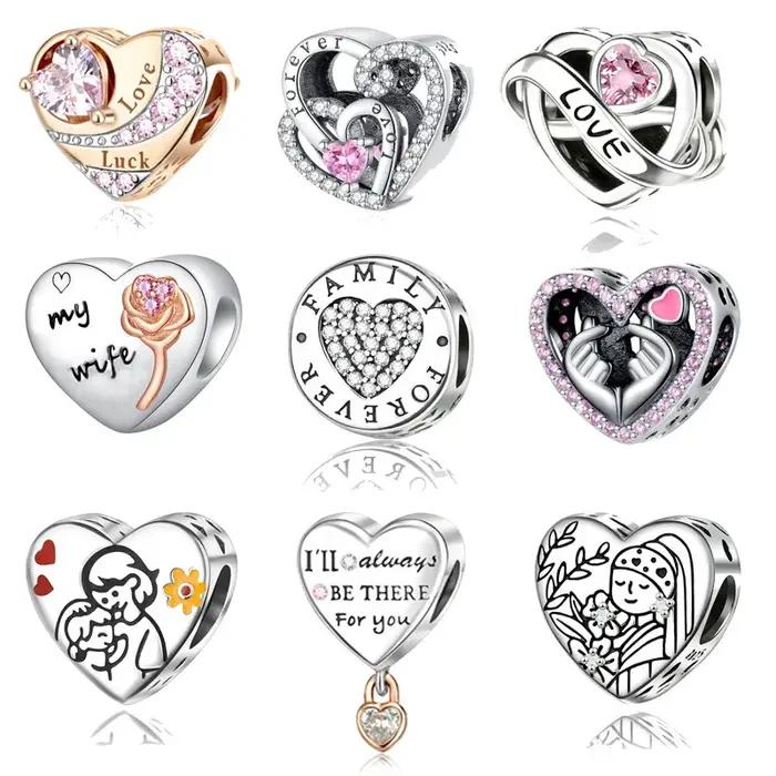 Breloque Cœur Plaquée Argent Mère et Enfant Enlacés Perle Emaillée Fleuries Bracelet Cadeau Bijoux Familial Occasions Spéciales