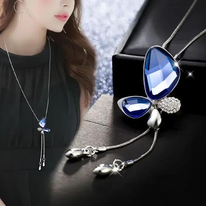 Collier Long avec pendentif papillon en cristal pour femmes