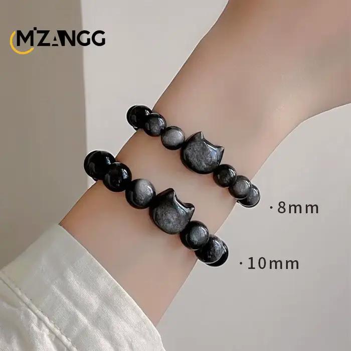 Bracelet en obsidienne naturelle pour hommes et femmes, or et argent, chat d'obsidienne, cordes de perles PiXiu, bijoux de luxe sculptés à la main, amulette porte-bonheur