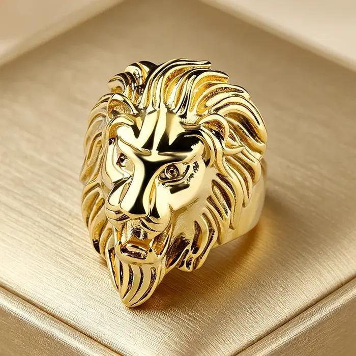 Bague Vintage Tête de Lion Dorée pour Hommes, Alliage de Zinc, Sculpture 3D Lion, Style Hip Hop Rock Biker, Bijou de Doigt Tendance pour Occasions Spéciales