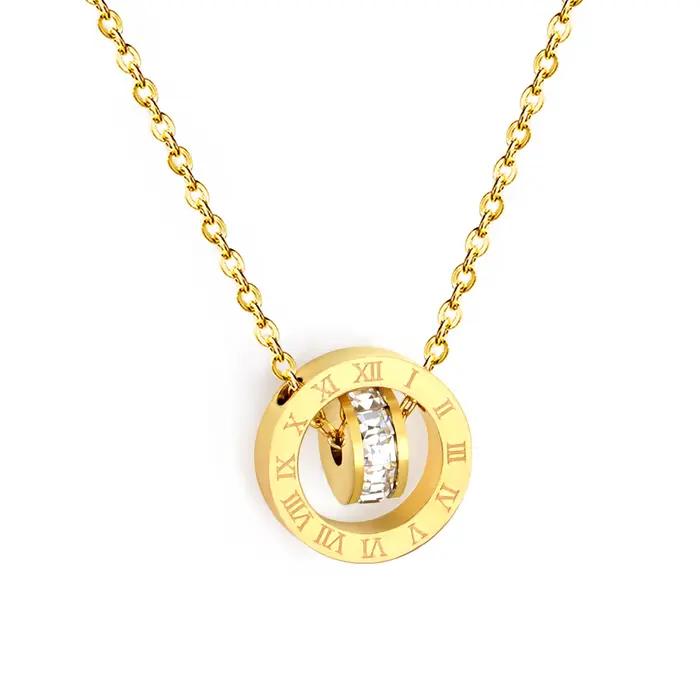 Collier pendentif double cercle chiffres romains en acier inoxydable micro-pavé CZ