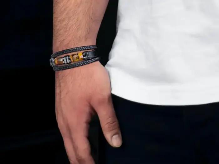 Bracelet en cuir noir œil de tigre pour hommes