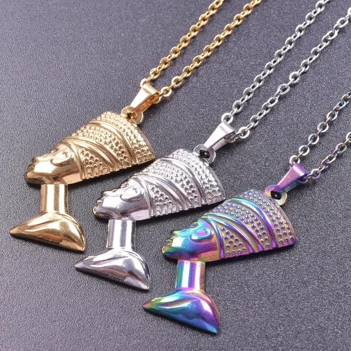 Collier Nefertiti en acier inoxydable doré avec pendentif reine égyptienne pour femmes et hommes occasions formelles partis galas