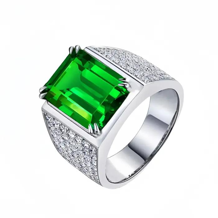 Bague en émeraude verte naturelle pour homme, plaquée platine 18 carats, avec diamant et zircone, bi