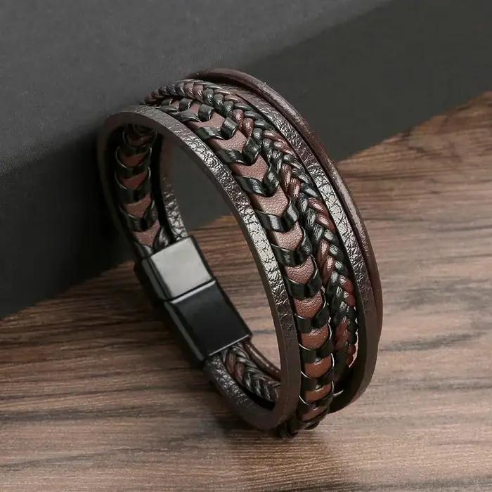 Bracelet tressé en cuir vintage superposé, classique, fait main, avec fermoir magnétique en alliage,