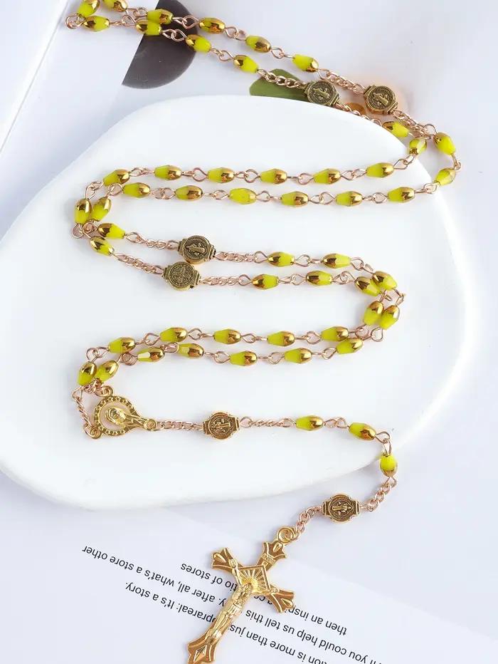 2025New1 pièce décontracté multicolore religion 59 pièces cristal verre chapelet bijoux vierge marie jésus croix pendentif longue chaîne collier