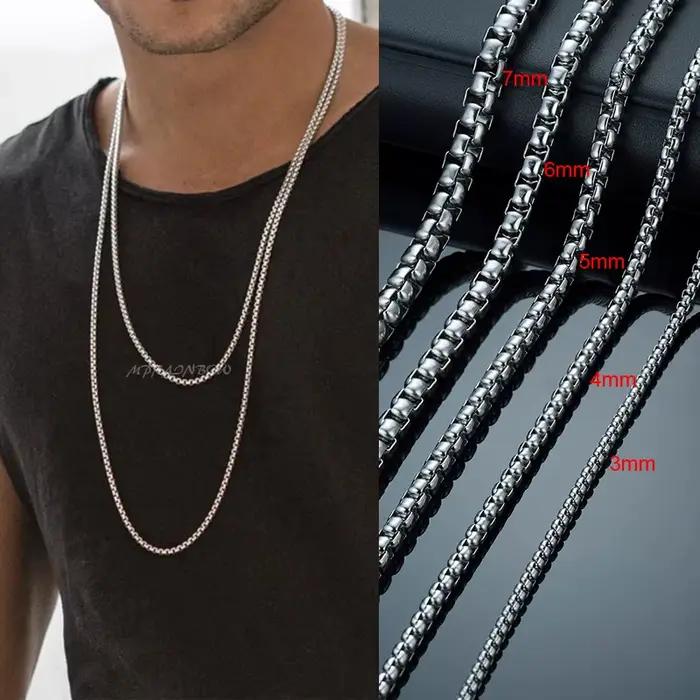 Chaîne de boîte ronde pour hommes et garçons, colliers de chaîne en acier inoxydable plaqué or argent noir, cadeaux de bijoux unisexes, 18 à 30 pouces
