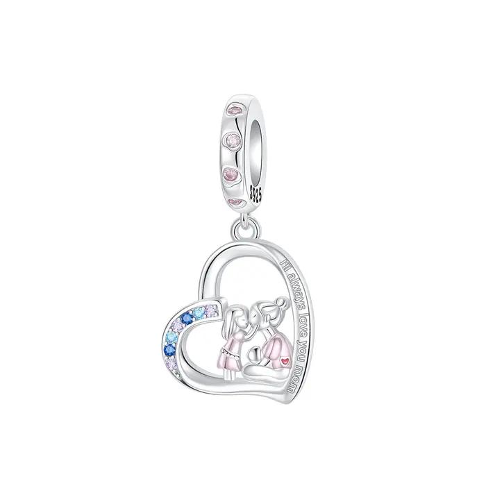 Breloque Cœur Mère et Enfant en Argent Sterling 925 avec Pierres CZ Roses et Bleues