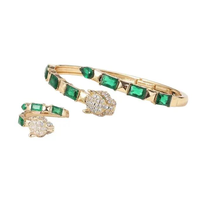 Ensemble de bagues et Bracelet léopard de luxe, pavé de Zircons 5A, panthère en cristal, ouvert, à la mode, vêtements de fête pour femmes, ensemble de bijoux