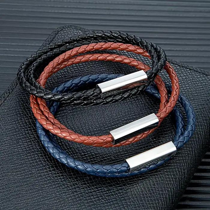 Bracelet en cuir tressé personnalisé MKENDN pour hommes avec croix et trackers d'humeur en acier inoxydable pour toutes occasions spéciales