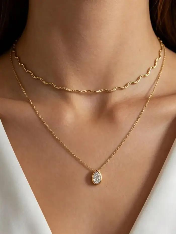 Collier double couche goutte d'eau en zircon, élégant, pour femme, en acier inoxydable plaqué or 18 carats