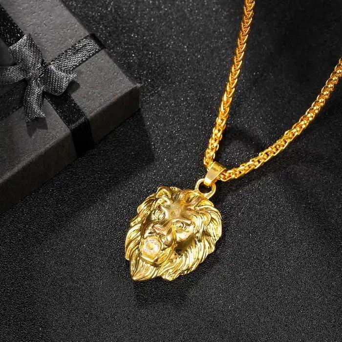 Hip Hop Rock grande couleur or tête de Lion pendentif collier pour hommes fête des pères bijoux cadeaux