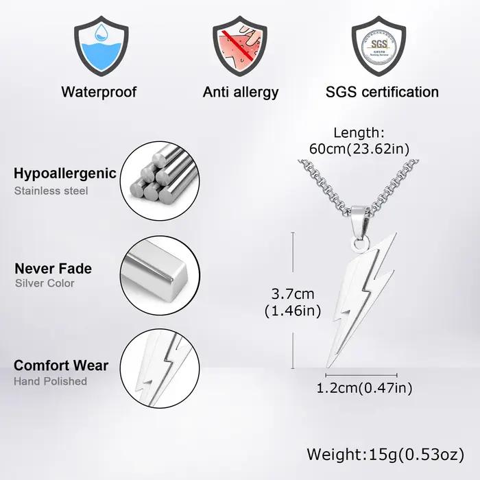 Collier Foudre Étanche Punk en Acier Inoxydable pour Hommes et Garçons Occasions Spéciales et Journées Courantes