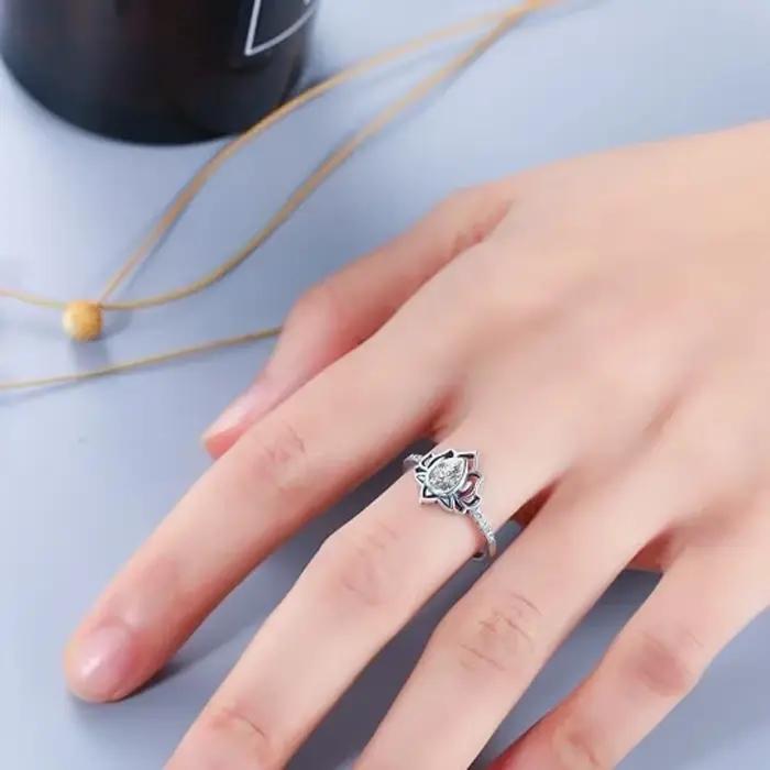 Anneau en argent sterling 925 sertie de zirconium blanc fleur de lotus pour femmes occasions spéciales cadeau d'amitié anniversaire mariage