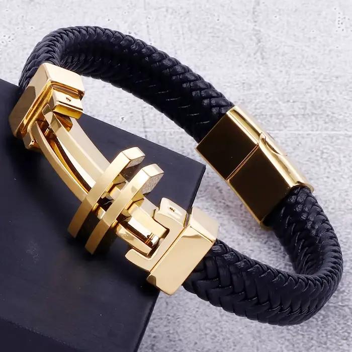 Bracelet Tressé en Cuir group pour Homme, Manchette Ronde en Acier Inoxydable, avec Fermeture Magnétique, Bijoux en Croix à Graver