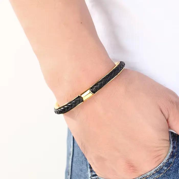MKENDN classique hommes en acier inoxydable tissé en cuir manchette Bracelet Bracelets mode minimaliste bijoux Pulseras amoureux cadeau