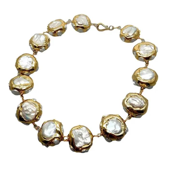 Collier perle keshi blanche galvanisée or naturel pour femmes occasions spéciales collier ras du cou 19.5 inch elegance sophistiquée