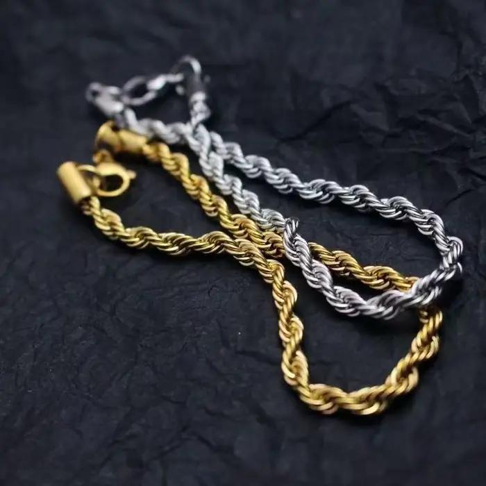Bracelet chaîne torsadée pour homme, plaqué or 18 carats, acier inoxydable, bracelet à maillons cubains, classique, vintage, hip hop, bijoux pour homme