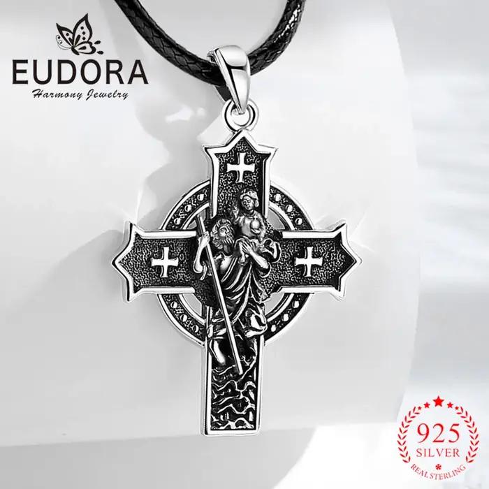 Collier Saint Christophe en Argent Sterling 925 Pendentif Croix Catholique Bijou Vintage Cadeau Religieux pour Homme et Femme Occasions Spéciales
