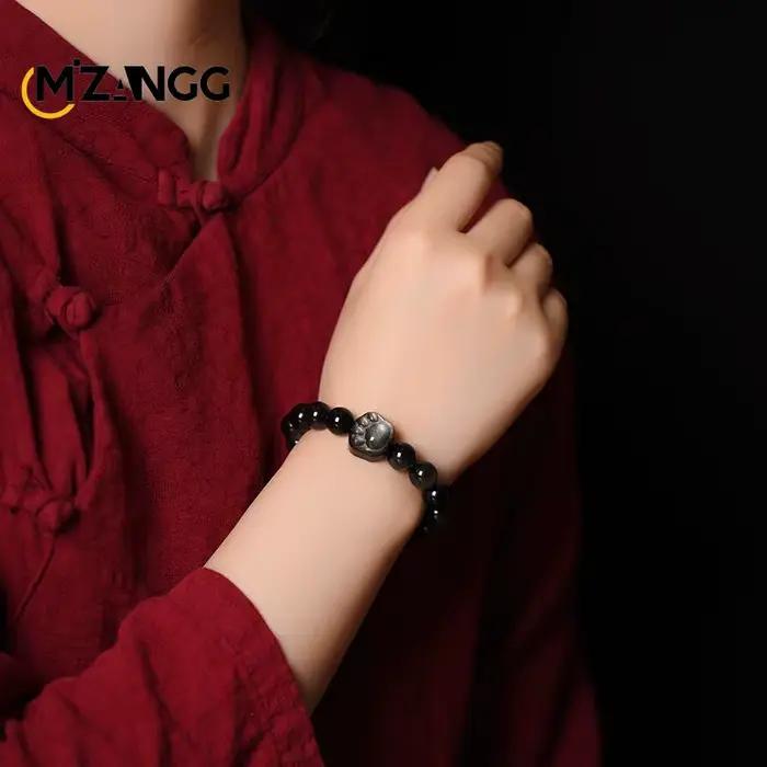 Bracelet en obsidienne naturelle pour hommes et femmes, or et argent, chat d'obsidienne, cordes de perles PiXiu, bijoux de luxe sculptés à la main, amulette porte-bonheur