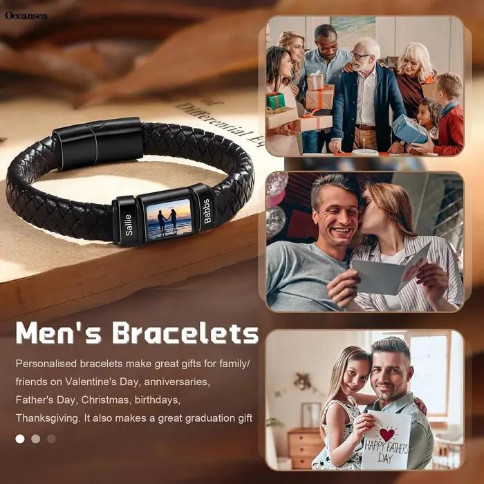 Bracelet Photo Personnalisé pour Homme en Acier Inoxydable avec Gravure Nom et Motif Paix Occasions Spéciales Mode Hiphop Rock