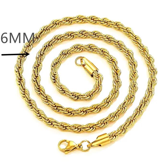 Collier en or 24 carats, 6 mm, torsadé, pour hommes et femmes, or véritable AU999, longueur 22-28 po