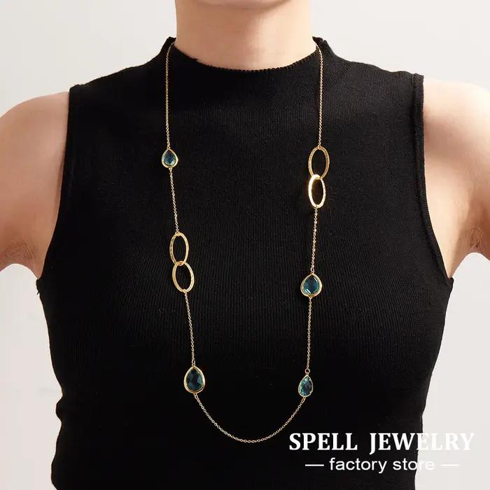 Collier chaîne de pull longue de 82cm en acier inoxydable plaqué or 18 carats avec gouttelettes brillantes
