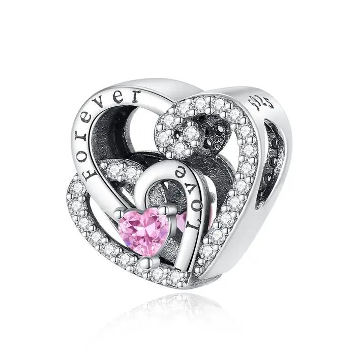 Breloque Cœur Plaquée Argent Mère et Enfant Enlacés Perle Emaillée Fleuries Bracelet Cadeau Bijoux Familial Occasions Spéciales