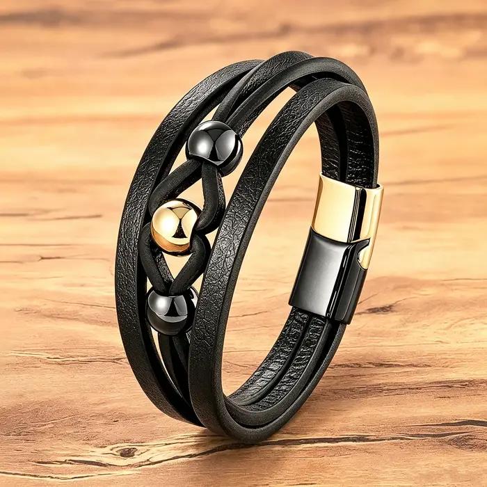 Bracelet en cuir pour homme – Cuir tressé noir multi-couches