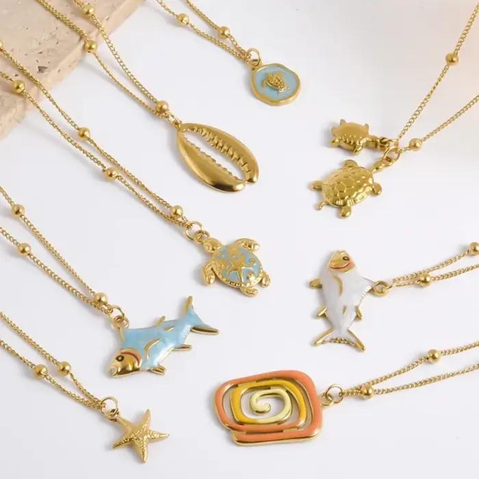 Collier marin en acier inoxydable plaqué or véritable avec perles et pendentifs coquillage, tortue, étoile de mer pour femmes et hommes, bijoux pour occasions spéciales