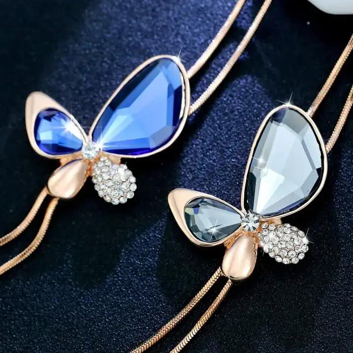 Collier Long avec pendentif papillon en cristal pour femmes