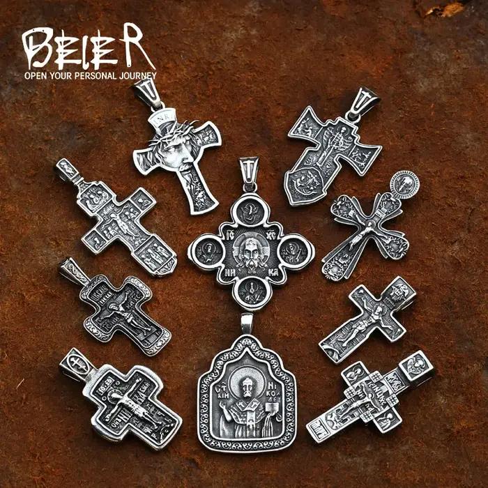Beier – collier avec pendentif croix chrétienne en acier inoxydable pour hommes