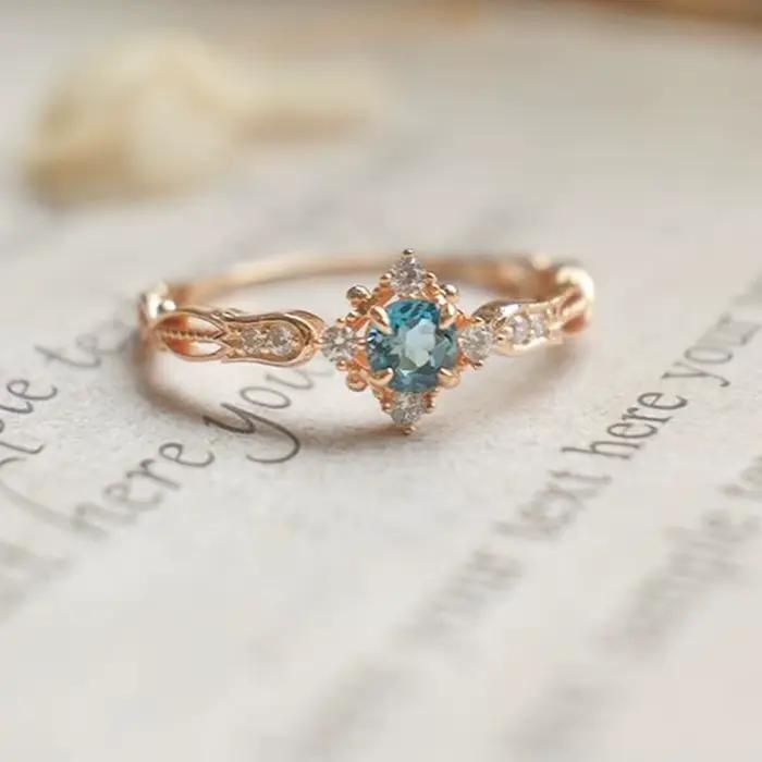 Bague romantique vintage en saphir bleu, fleur, ajustable pour mariage et occasions spéciales