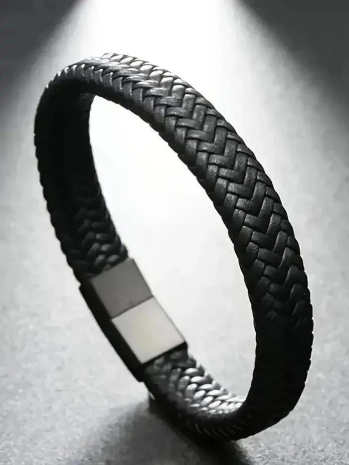 Bracelet magnétique noir pour homme en cuir tressé