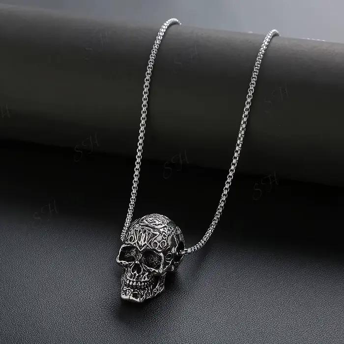 Collier pendentif tête de mort punk vintage en acier allié pour hommes style rétro bijoux cadeaux occasions spéciales