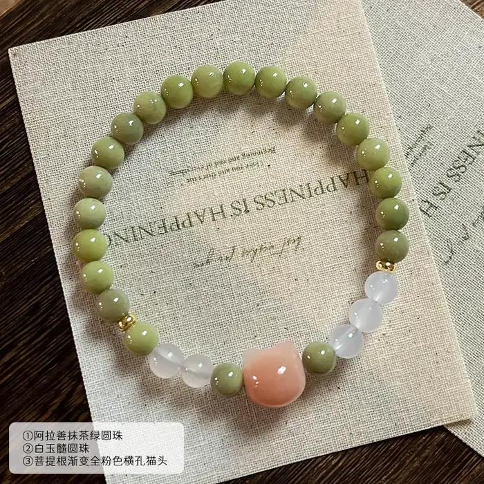 Bracelet porte-bonheur en bois de santal vert naturel et agate d'Alashan